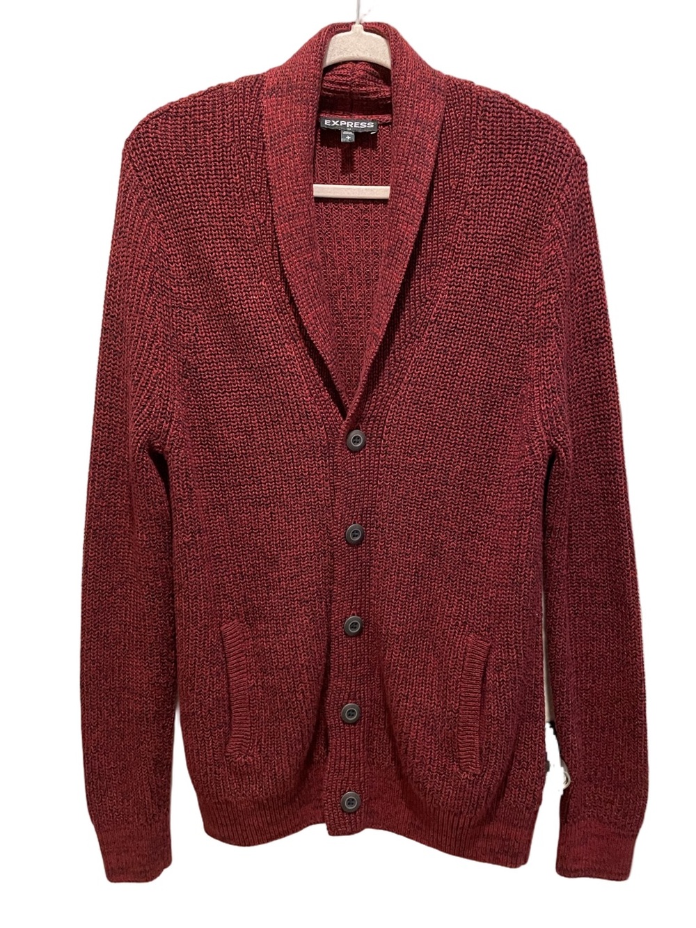 Express Men's Chunky-Knit Shawl Collar Cardigan Sweater Red. Size L.